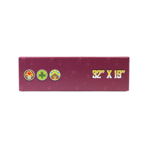 Maroon box with cartoonish icons and dimensions 32in x 19in on a white background