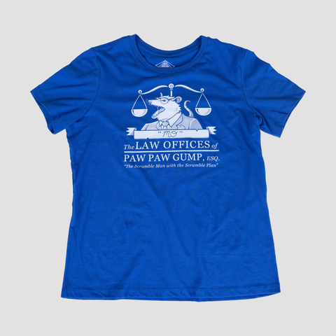 Blue shirt with text "The LAW OFFICES OF PAW PAW GUMP, ESQ. "The Scramble Man with the Scramble Plan."" with graphic of opossum in front of balance