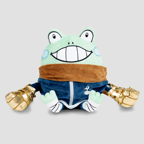 front view of frog in tracksuit plushie with golden gloves