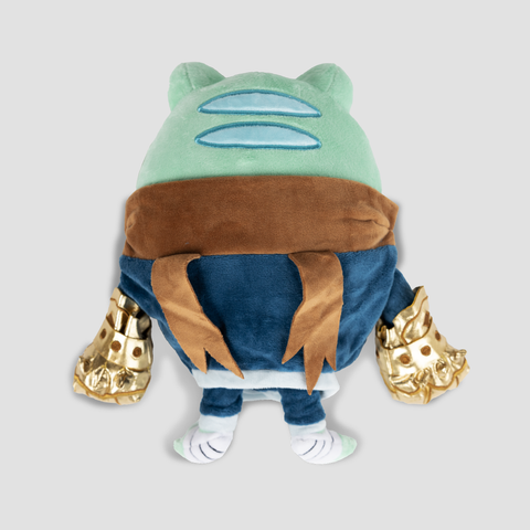rear view of frog in tracksuit plushie with golden gloves
