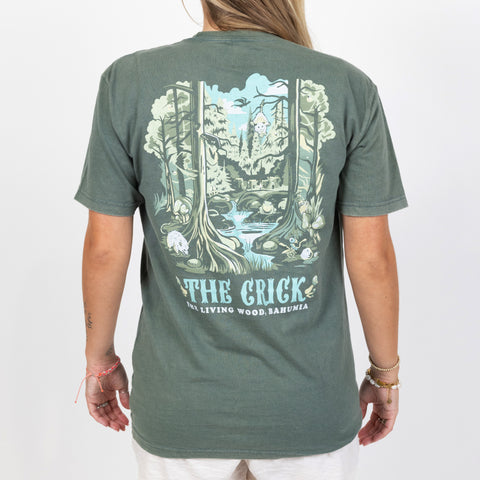 Back view of The Crick tee on female model