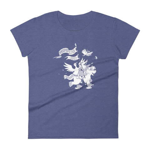 Ladies navy tee with opossum and duck riding horse carrying flag with text "NADDPOD LIVE 2022"