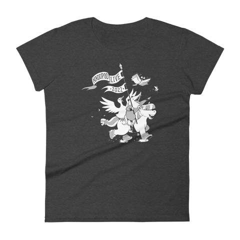 Ladies grey tee with opossum and duck riding horse carrying flag with text "NADDPOD LIVE 2022"